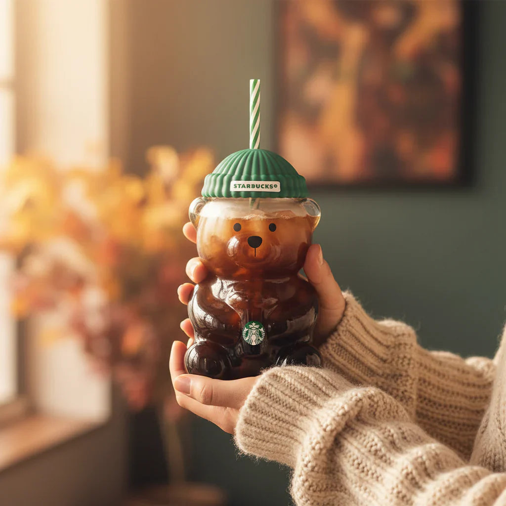 Şık Ayı Barista Cam Soğuk İçecek Bardağı - Özel Sınırlı Üretim